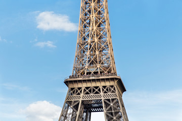 View of the detail of the Eiffel Tower in Paris. France. The Eiffel Tower was constructed from 1887-1889 as the entrance to the 1889 World's Fair by engineer Gustave Eiffel.