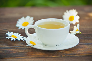 porcelainl cup with green tea on table