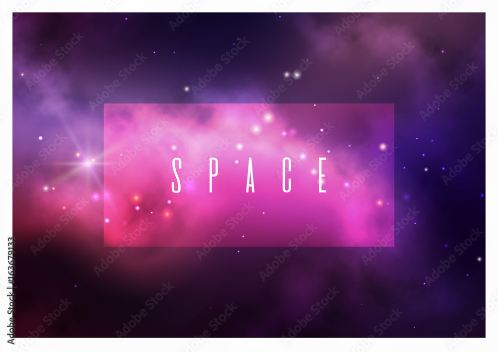 Wall mural vector space background with colorful violet nebula and bright stars.