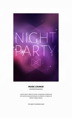 Vector space party flyer design with colorful purple nebula and bright stars.