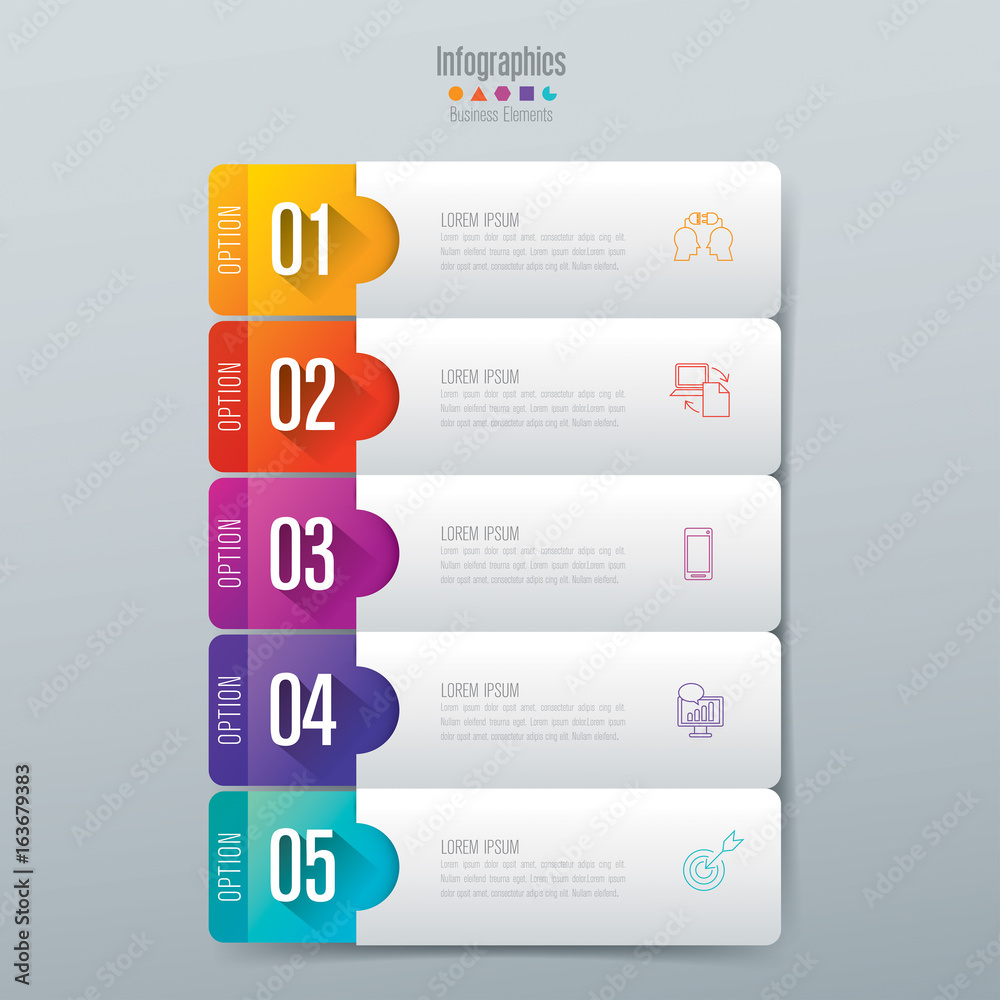 Sticker Infographics design vector and business icons with 5 options.