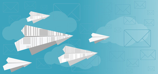Email, mailing, spam, paper airplane, banner, blue background.