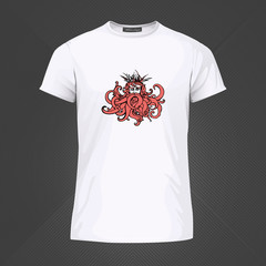 Original print for t-shirt. White t-shirt with fashionable design - Poseidon or Neptune head. Vector Illustration