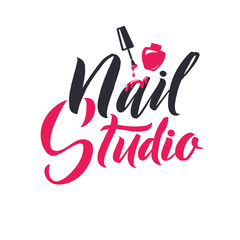 Manicure Studio. Nail Master Logo Beauty Vector Lettering. Custom Handmade Calligraphy. Vector Illustation