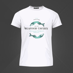 Original print for t-shirt. White t-shirt with fashionable design - Two mermaids. Vector Illustration
