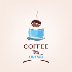 Blue cup of coffee with roast coffee bean vector. Coffee with friends sign.