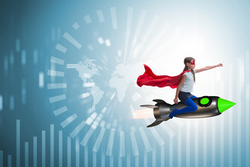 Little girl flying rocket in superhero concept