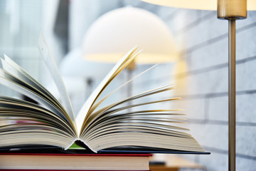 Books lying on the table in the public library