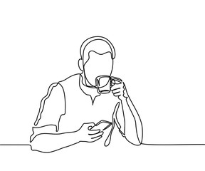 Young man browsing cell phone and drinking coffee. Continuous line drawing. Vector illustration