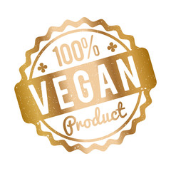 Vegan Product rubber stamp gold on a white background.