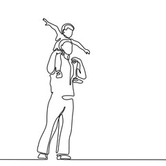 Continuous line drawing vector illustration. Father with son on shoulders silhouette.