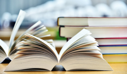 Books lying on the table in the public library