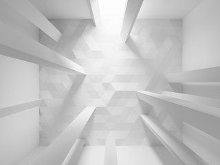 Abstract white interior background, room with triangle background and soft illumination. Digital 3d illustration, computer graphic.