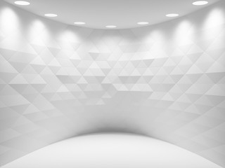 Abstract white interior background, room with triangle background and soft illumination. Digital 3d illustration, computer graphic.