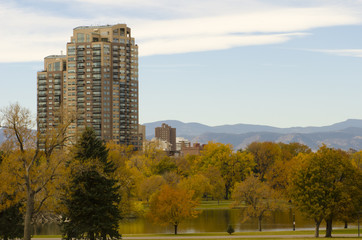 Denver City Park and Skyline in Autumn