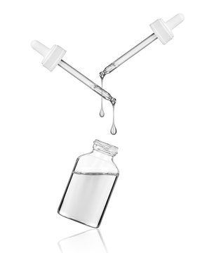 Cosmetic or medical bottle with two pipettes on white background