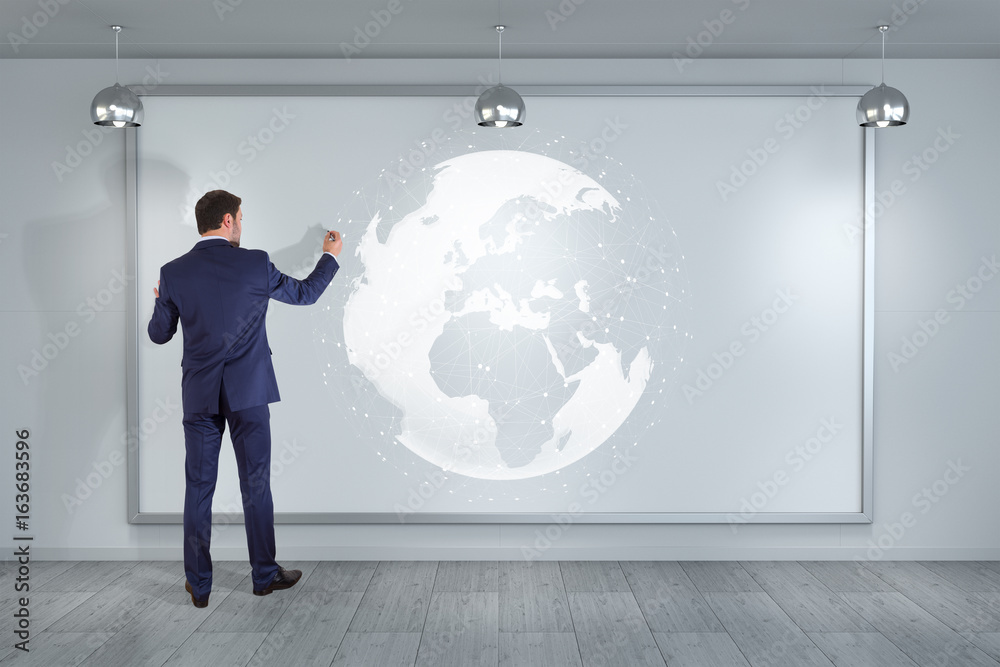 Poster businessman using digital planet earth interface on a board 3d rendering