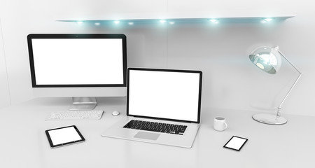 Modern white desk interior with computer and devices 3D rendering