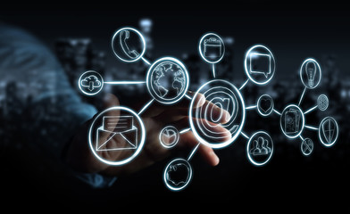 Businessman touching multimedia hand-drawn interface