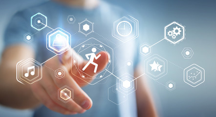 Young man using running application to check his performances 3D rendering