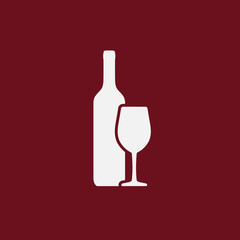 White wine bottle and wineglass icon isolated on dark red background
