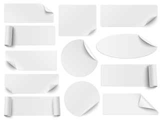 Set of white paper stickers of different shapes with curled corners isolated on white background. Round, oval, square, rectangular shapes. Vector illustration. - obrazy, fototapety, plakaty
