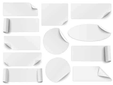 Set of white paper stickers of different shapes with curled corners isolated on white background. Round, oval, square, rectangular shapes. Vector illustration.