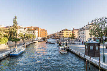 Venice, Veneto, Italy. May 21, 2017: View of the channel called "Rio Novo" and the anchorages of Papadopoli (left) and Cosetti (right)