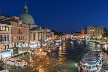 Night view of the Grand Canal in Venice from the bridge called 