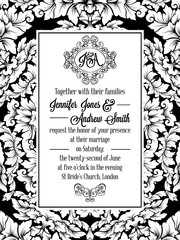 Damask pattern design for wedding invitation in black and white. Brocade royal frame and exquisite monogram