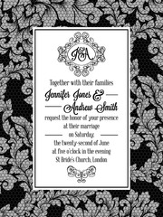 Damask pattern design for wedding invitation in black and white. Brocade royal frame and exquisite monogram