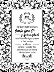 Damask pattern design for wedding invitation in black and white. Brocade royal frame and exquisite monogram
