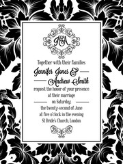 Damask pattern design for wedding invitation in black and white. Brocade royal frame and exquisite monogram