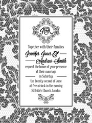 Damask pattern design for wedding invitation in black and white. Brocade royal frame and exquisite monogram