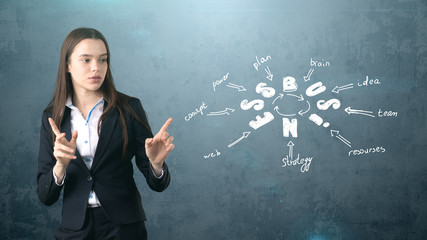 Beauty girl in a suit standing near wall with a business idea sketch drawn on it. Concept of a successful businesswoman.