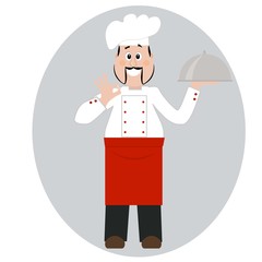 A professional chef. Cook with a dish isolated on a white background. Vector illustration. Cartoon character.