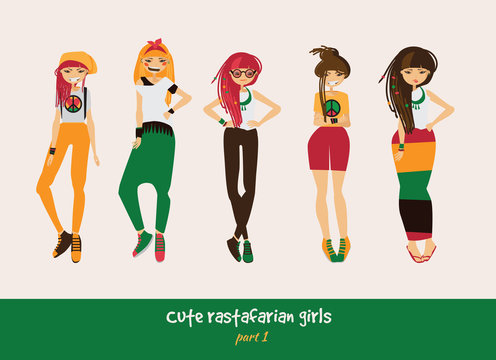 Vector set with isolated rasta girls. Rastafarian clothes in bright colors, ethnic accessories, various hairstyle and posing. Smiling characters with dreadlocks.