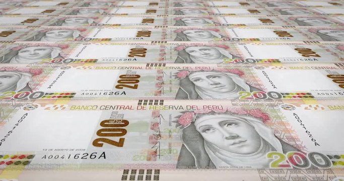 Series of banknotes of two hundred peruvian soles of the Central Reserve Bank of Peru rolling on screen, coins of the world, cash money, loop