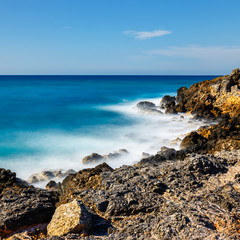 Beautiful greek seascape at sunny day, long  time exposure, Crete