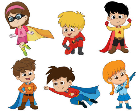 Set of kids wearing superhero costumes with different pose.vector and illustration.