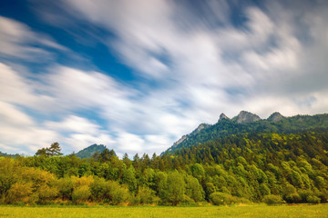 Fototapeta na wymiar Spring in the Pieniny with Three Crowns mountain in the background, long time exposure