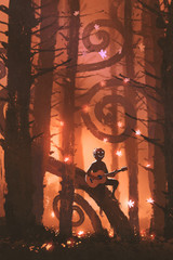 Obraz premium young man playing guitar in fantasy autumn forest with falling maple leaves, digital art style, illustration painting