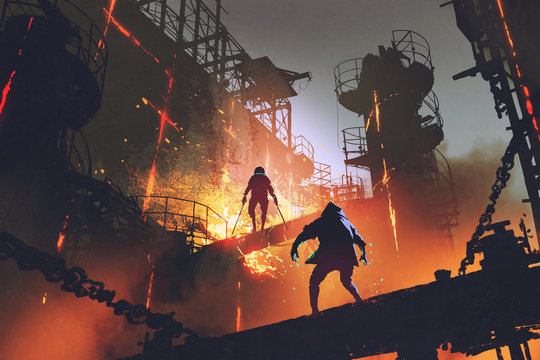 Fototapeta sci-fi scene showing fight of two futuristic warriors in industrial factory, digital art style, illustration painting