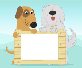 Two dogs on a blue background holding a wooden surface. Blank document for your text. Vector illustration