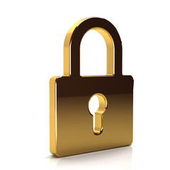 Golden Padlock Security Device. 3D Rendering Illustration