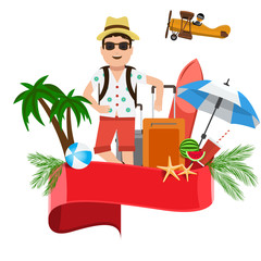 Summer vector banner design concept with a tourist man standing with travel elements background and Red empty ribbon for your text.