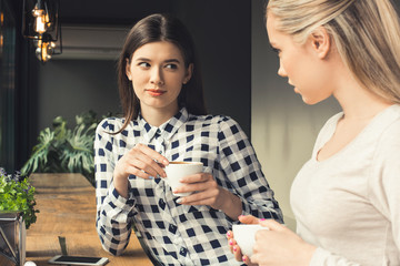 Young women friends in a coffee shop free time
