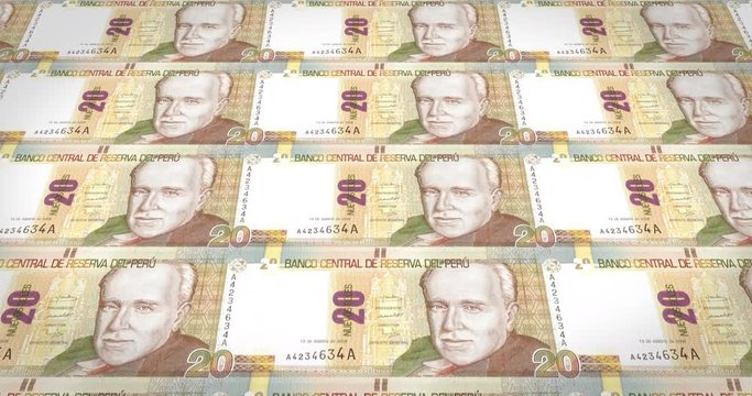 Banknotes of twenty peruvian soles of Peru, cash money, loop