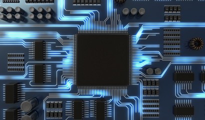 3D rendered illustration of processor or microchip on electronic circuit. - obrazy, fototapety, plakaty