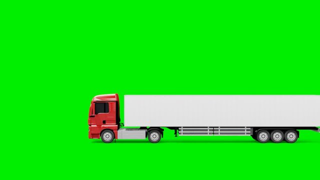 A red truck with a trailer rides from the right to the left with a stop on a green background.